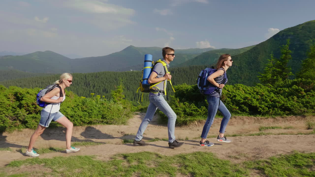 un grupo de turistas disfrutan de una caminata en las montañas van sobre un fondo pintoresco de montañas a