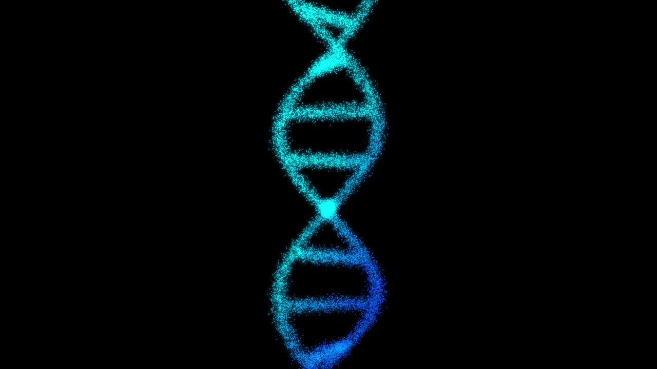 2D animation of DNA composed of particles on a black background. 60FPS. The subject is in the middle.