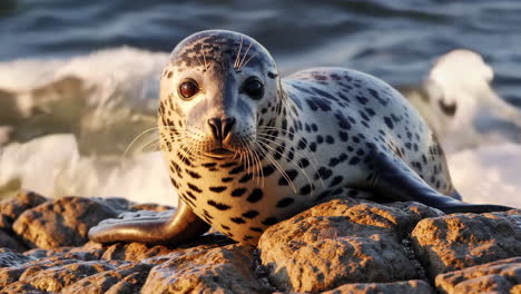 baby harbor seal on rocks at sunrise/sunset