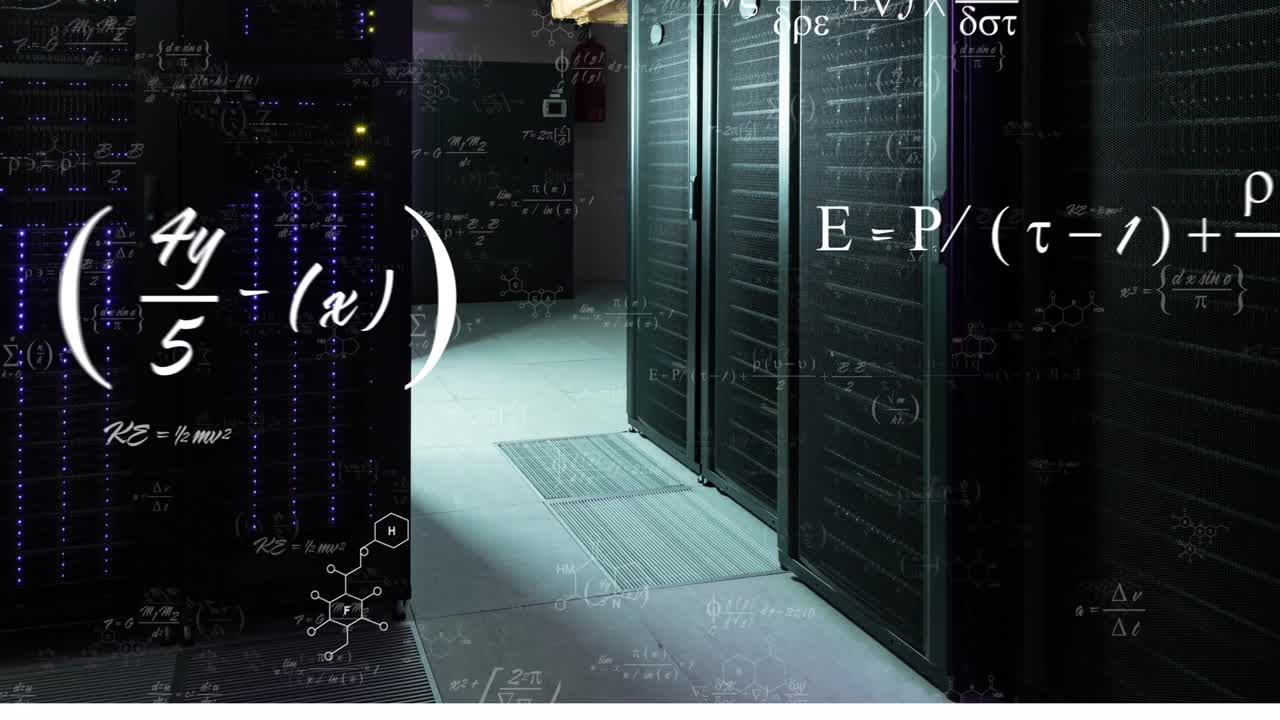 Animation of mathematical equations and diagrams against server room in background