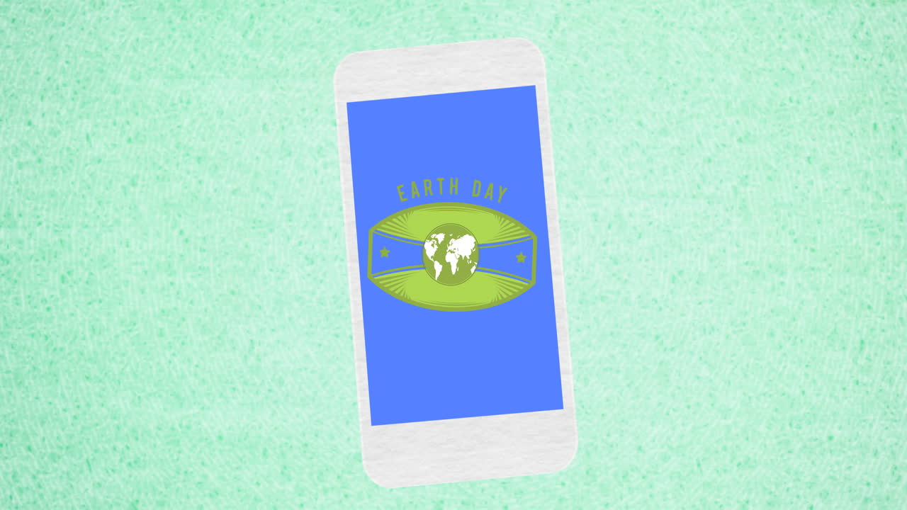 animación del texto del día de la tierra y el logotipo del globo sobre la pantalla del teléfono inteligente en verde