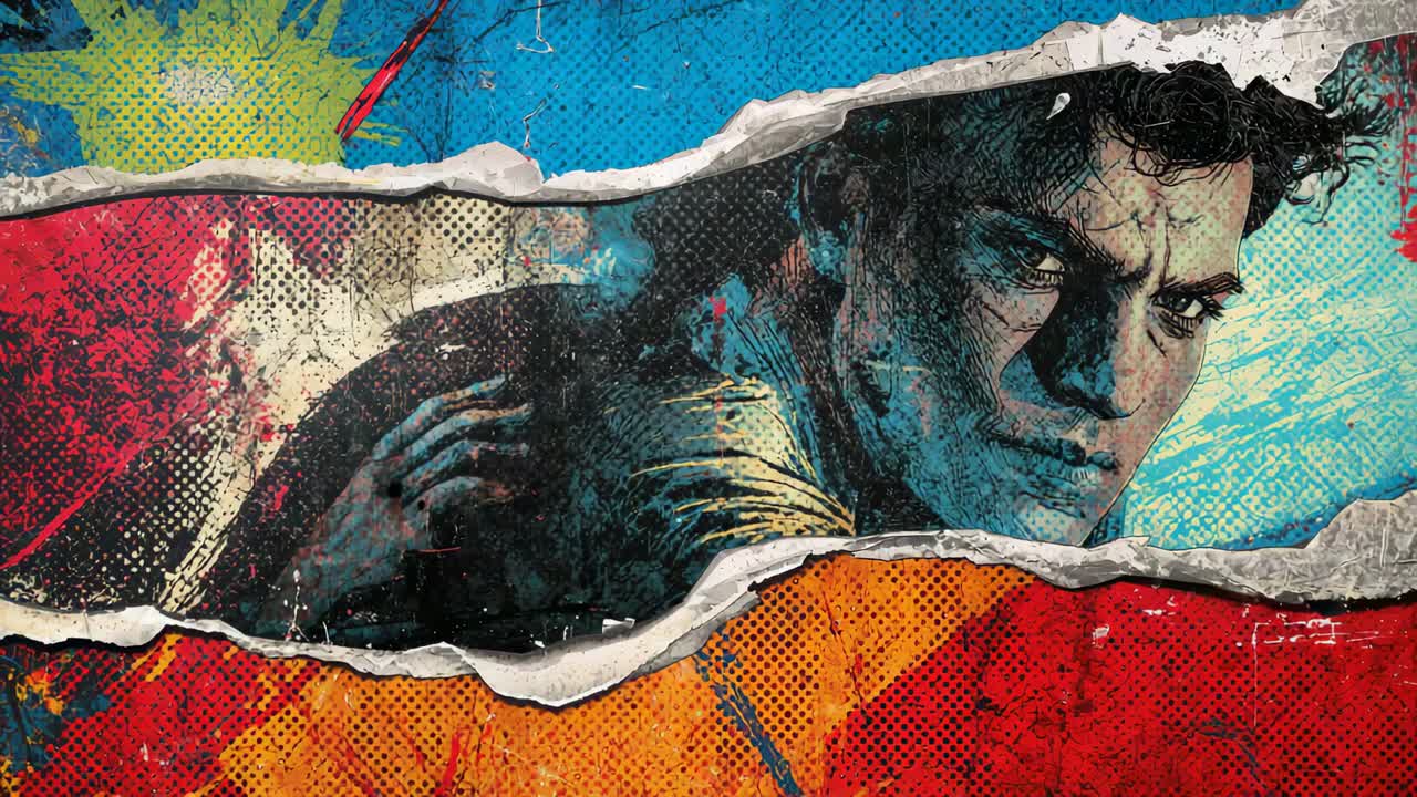 Collage rivelatore di carta strappata che espone un uomo in giacca scura, accovacciato, spostamento di mezzitoni