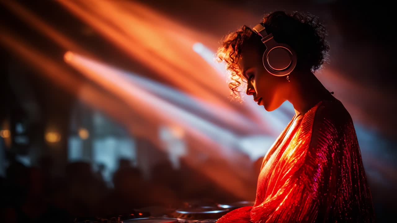 A vibrant and dynamic DJ performance showcasing the energy of the music scene, spotlighting a skilled female DJ in a striking outfit with headphones amidst colorful lights