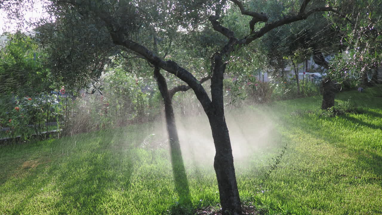 나무 들 이 있는 정원 에서 푸른 잔디 에 물 을 뿌리는 스프링클러