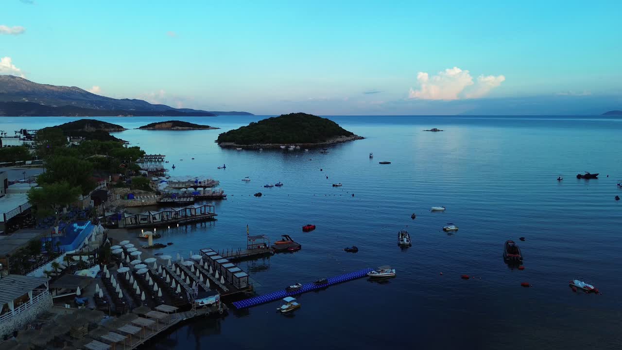 Ksamil sandy beach holiday summer destination Albania islands aerial drone view