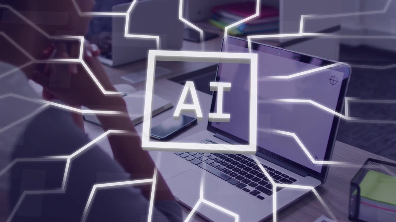 Woman sitting desk viewing laptop as AI frame forming, network overlay covering phone for IT demo