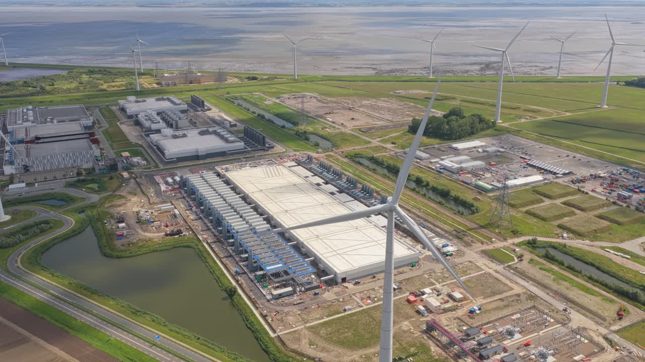 Vast data storage and computing complex in Eemshaven, Groningen, aerial