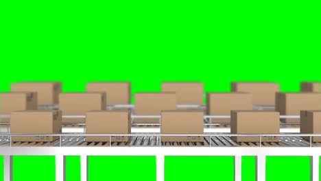 animación de cajas de cartón que se mueven en cintas transportadoras contra un fondo verde