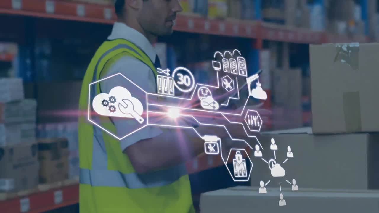 animación de un hombre caucásico que trabaja en una fábrica marcando cajas a través de una red de conexiones con icono