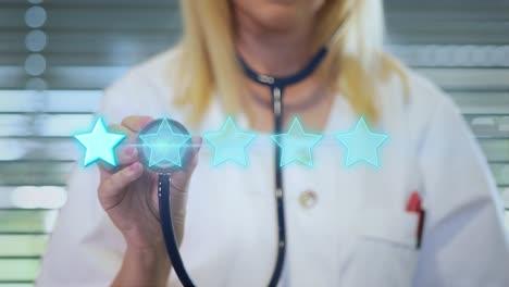 female doctor with digital rating showing 1 star review due to patient dissatisfaction on medical service. 3d animation