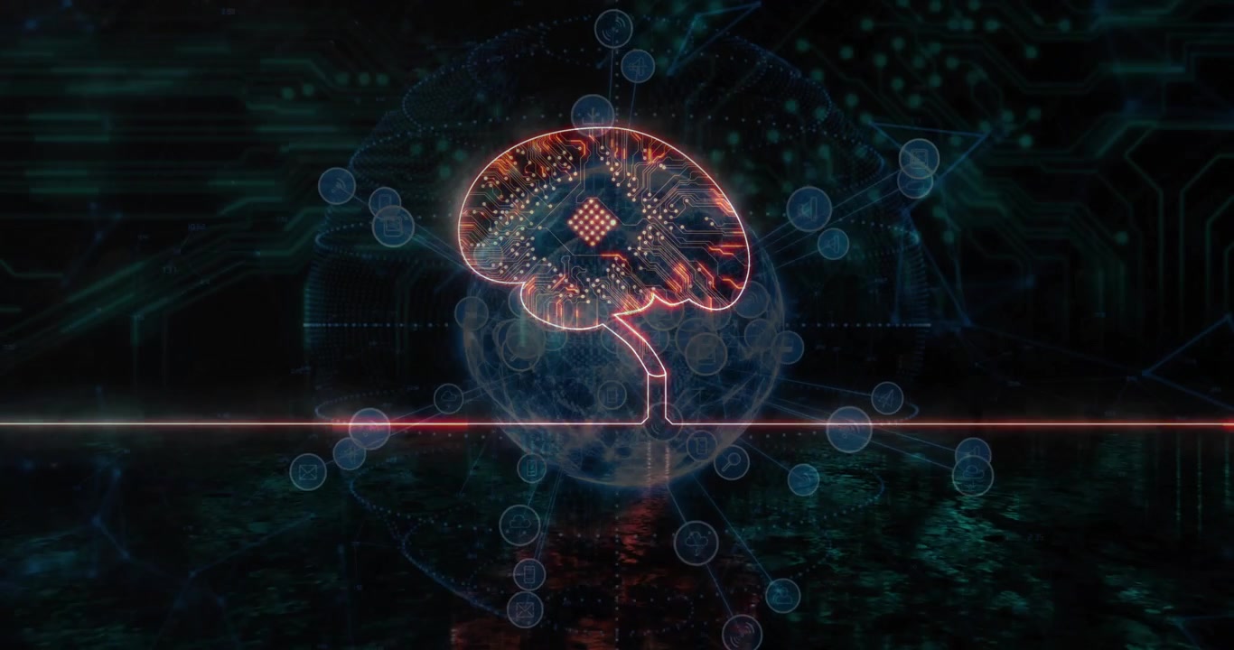 Upon startup neon brain pulsing emitting data nodes and linking lines illustrating neural network