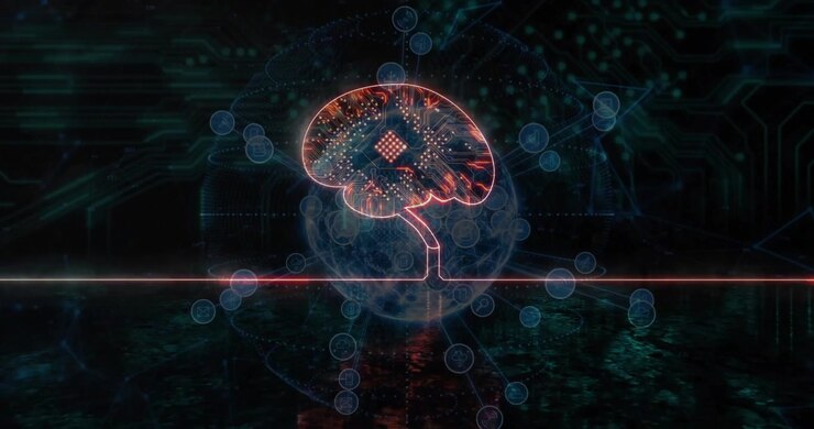 Upon startup neon brain pulsing emitting data nodes and linking lines illustrating neural network