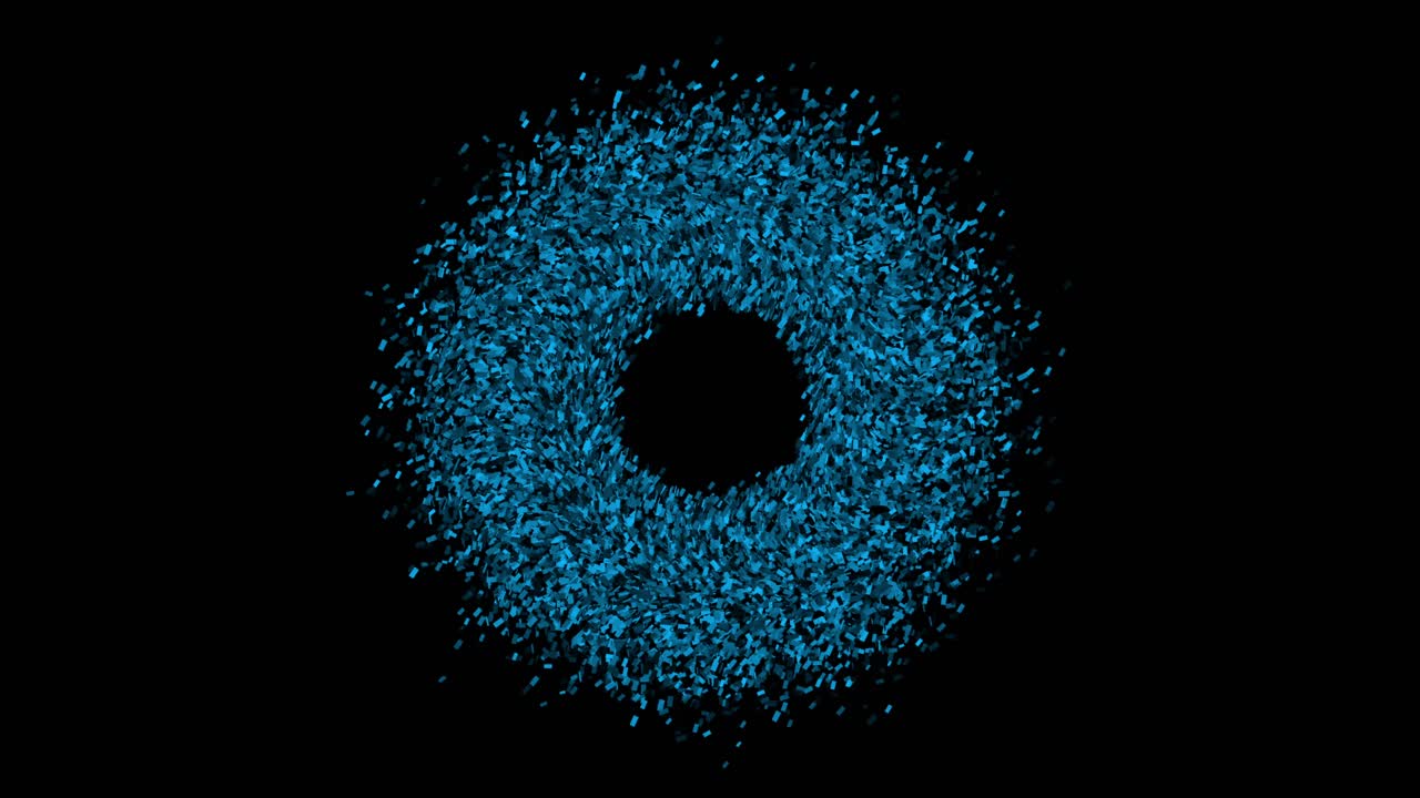 Dense ring of glowing blue particles with swirling motion on black background. Abstract visual for space, science, or energy concepts. Seamless loop with copy space in center for text or logo