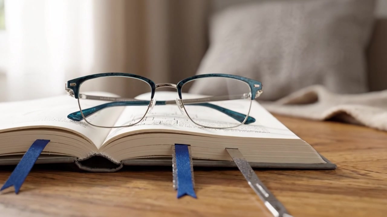 Un rincón de lectura acogedor con un libro abierto y gafas apoyadas en sus páginas, perfecto para el escapismo literario y la comodidad en un ambiente hogareño con estilo.