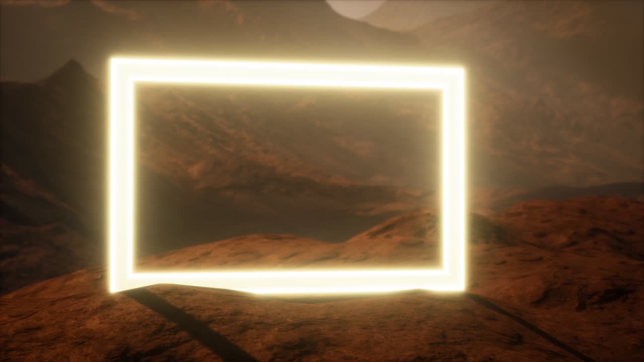 portal de neón en la superficie del planeta marte con el soplo de polvo