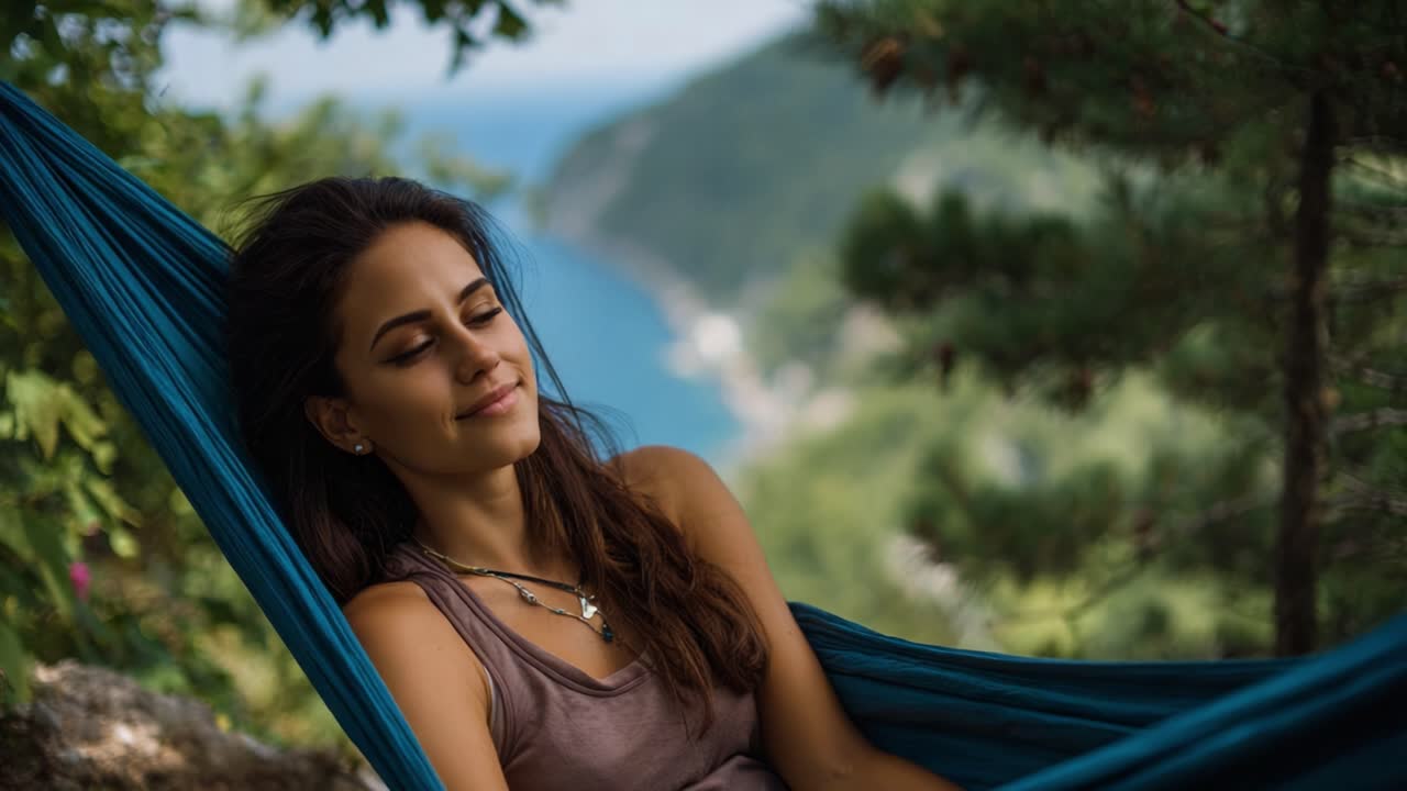 A serene moment of relaxation in a hammock, enjoying nature's beauty with a calm expression, surrounded by lush greenery and a stunning seascape view in the background