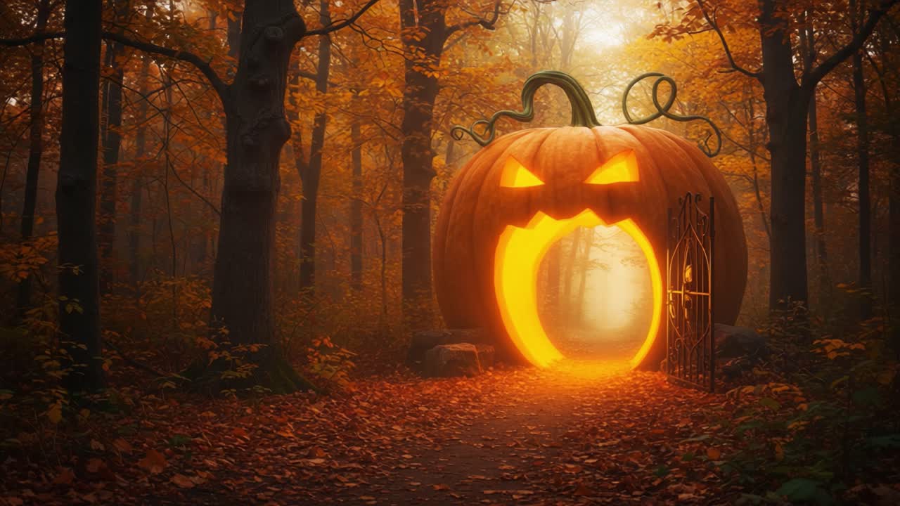 A Spooky Pumpkin Entrance in an Enchanted Autumn Forest, Glowing with a Mysterious Light and Framed by Vibrant Fall Foliage, Perfect for Halloween Adventures
