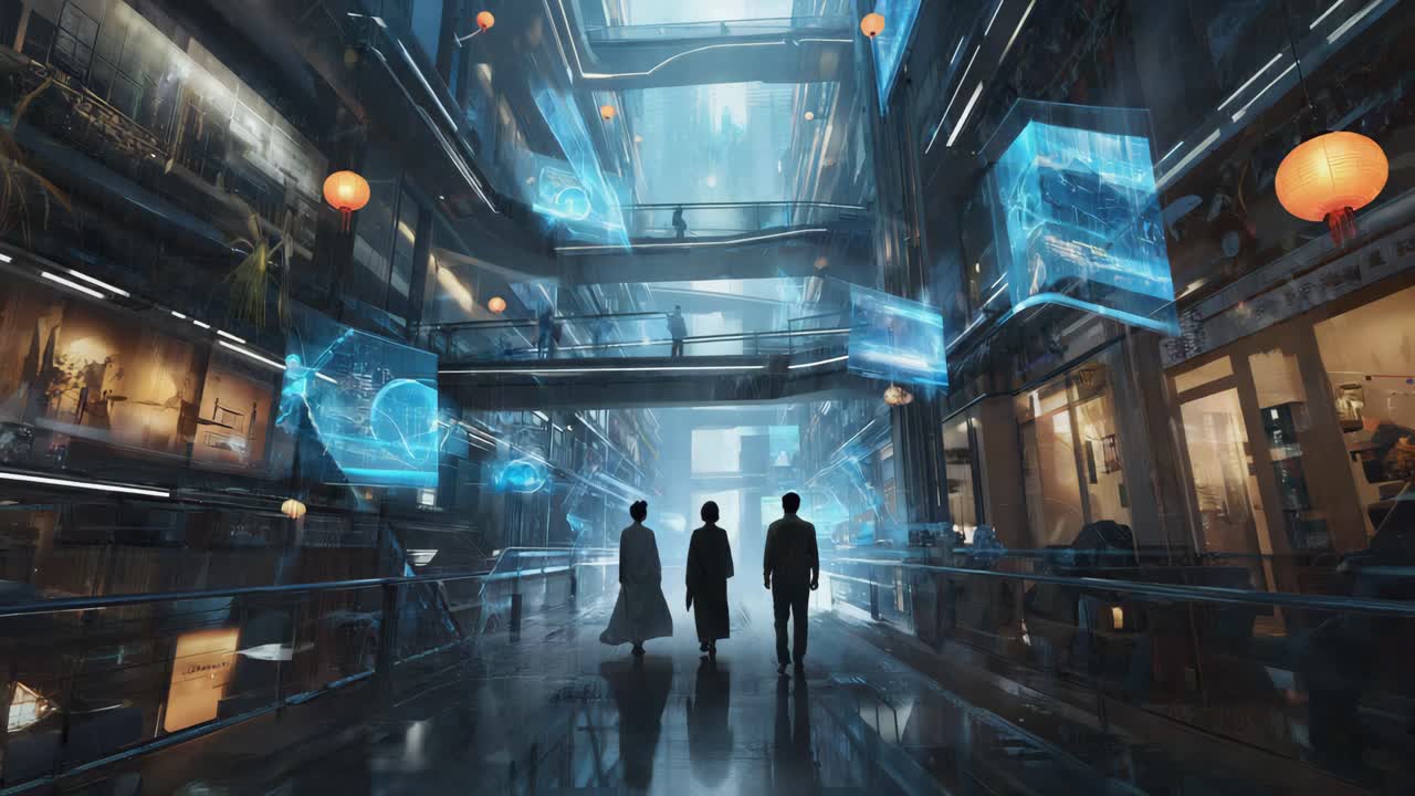 People walking through a futuristic cyberpunk city street with holographic displays