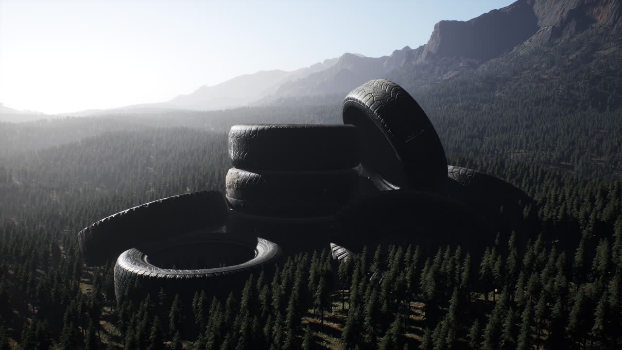neumáticos de coche abandonados en las montañas