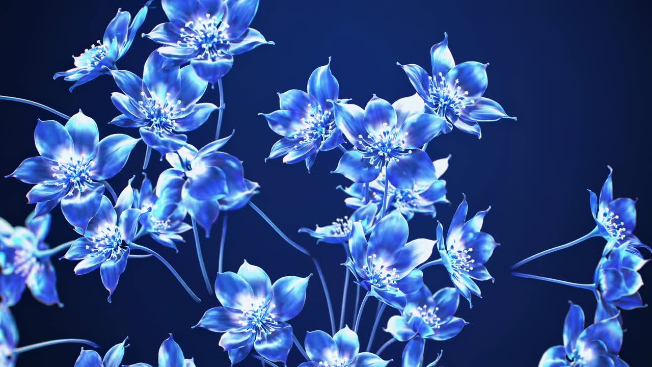 Close-up video of glowing blue flowers on a dark background, shot from a low angle