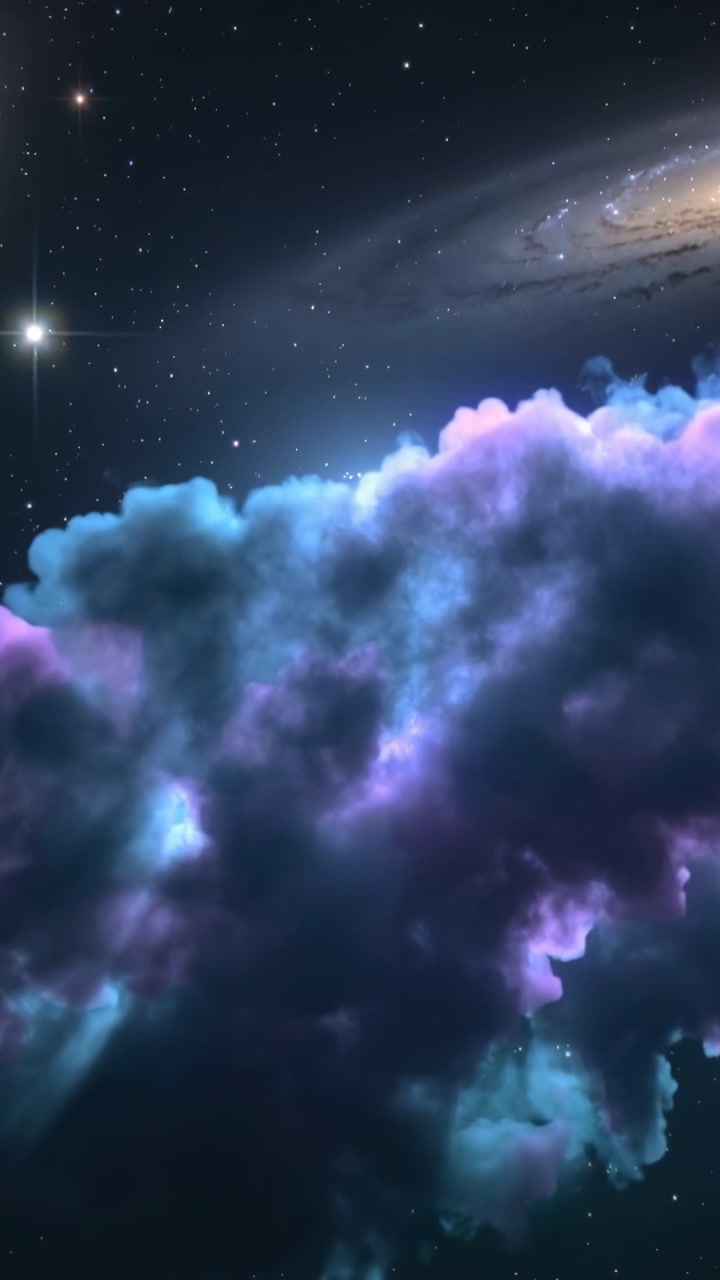 Vertical video: Growing nebula rising pulsing in space after star arising left showing galaxy right