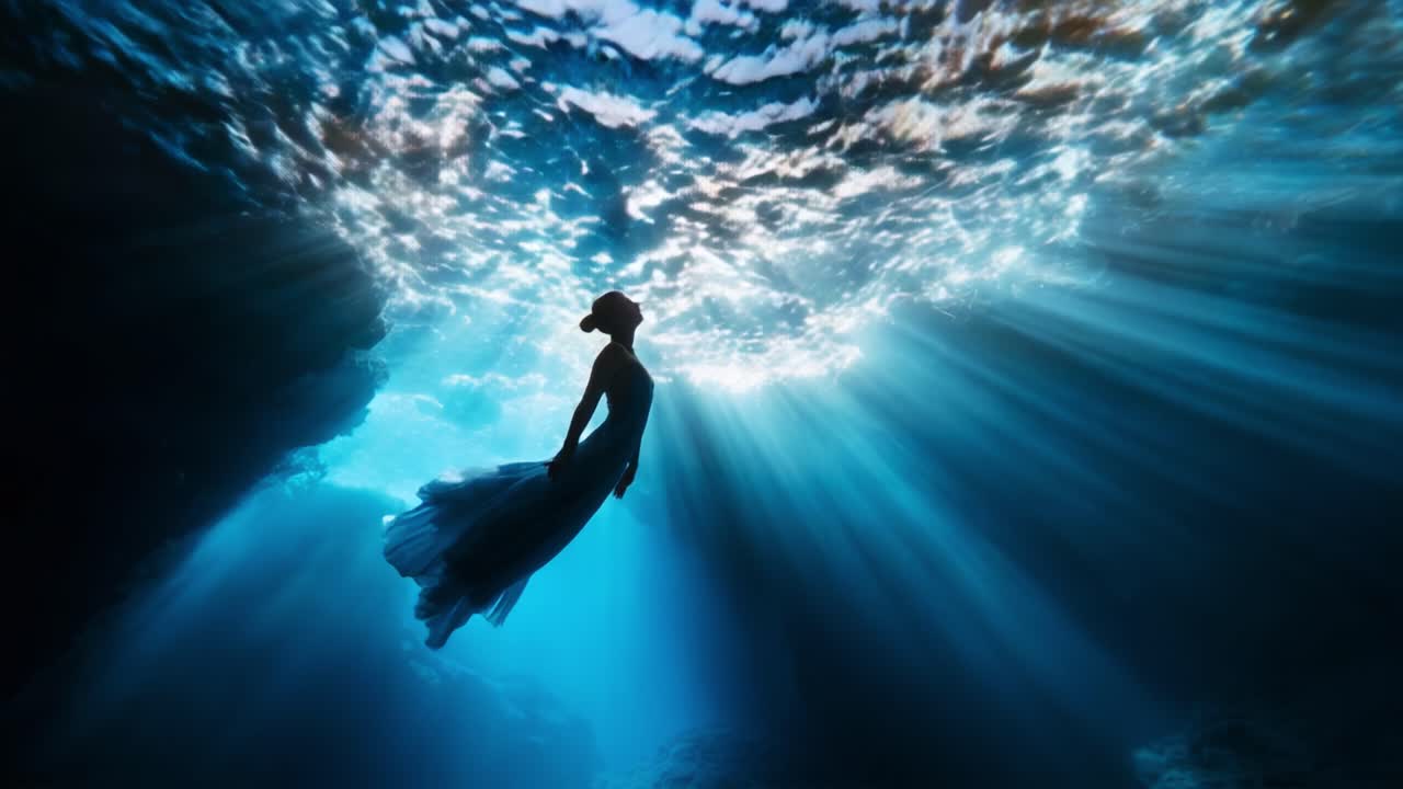 A Serene Underwater Portrait Capturing the Ethereal Beauty of a Dancer Gliding Gracefully Through Sunlit Waters with a Flowing Dress, Surrounded by Rays of Light and Darkness