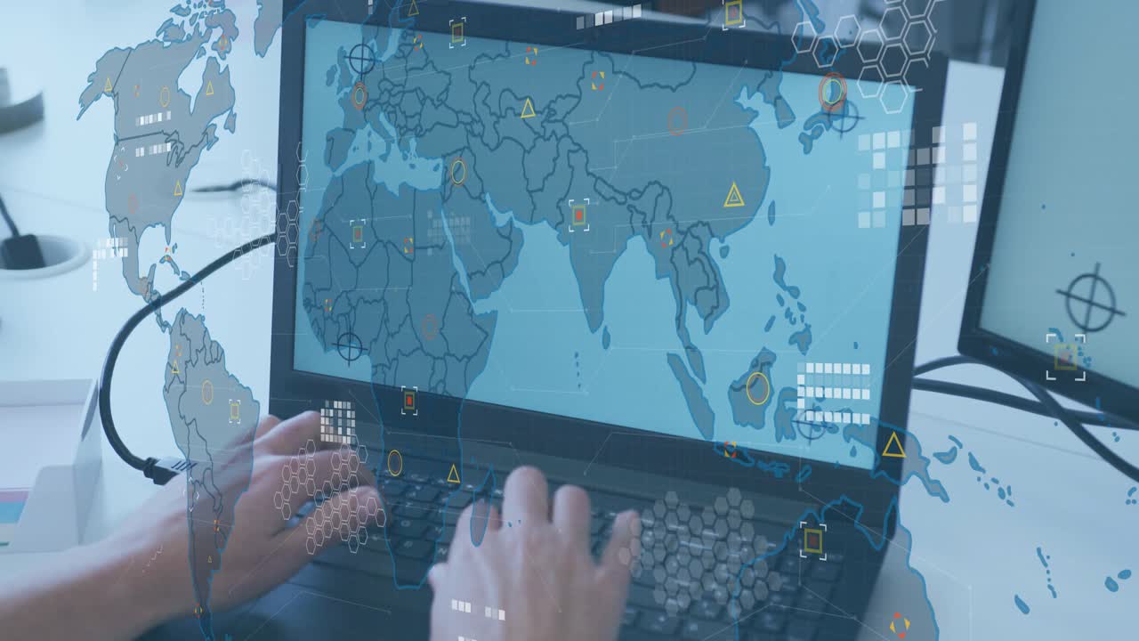 Man typing commands on laptop initiating world map lines and hex grids evolving for data monitoring