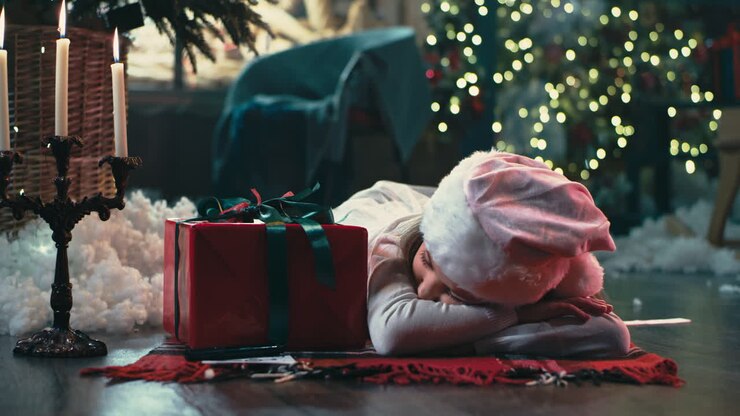A child sleeps as Santa leaves presents on Christmas Eve