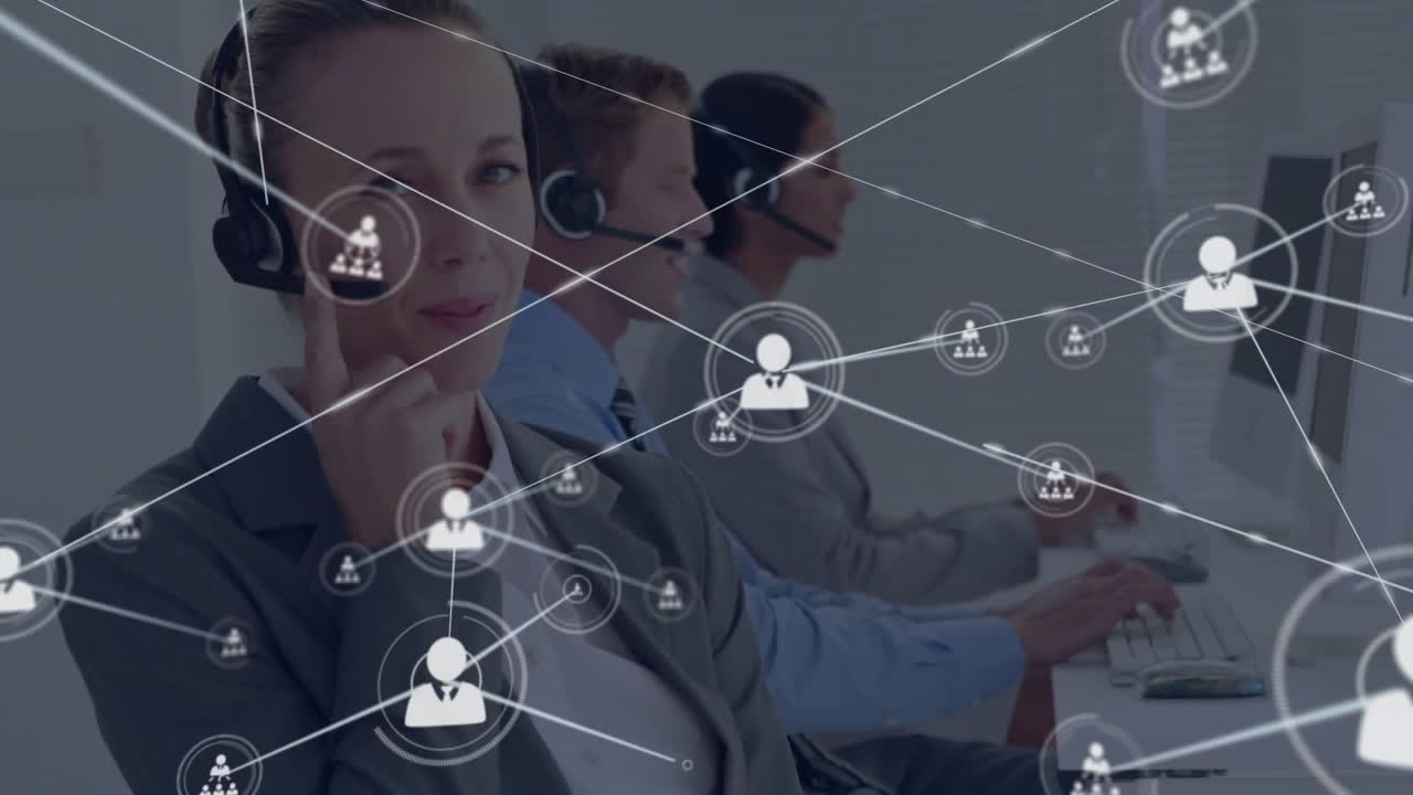 Call center agents touching earpiece and typing while animated user network growing across monitors