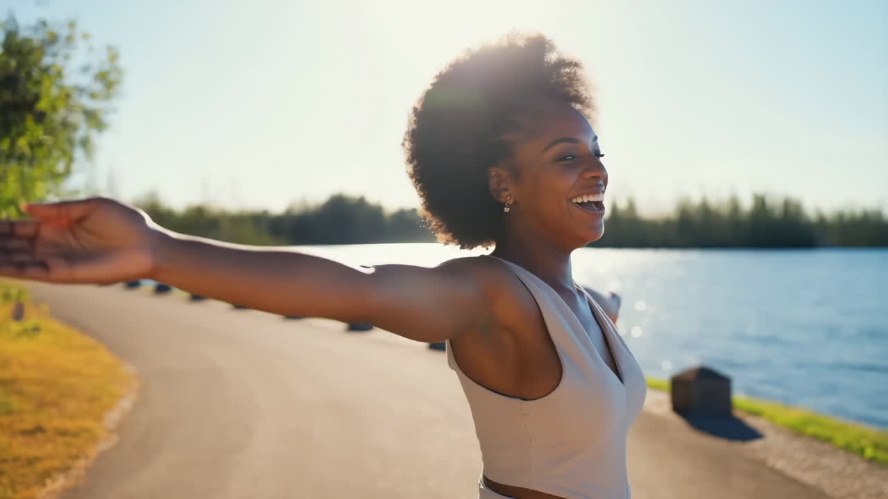 Joyful African American Woman with Arms Outstretched by Lake