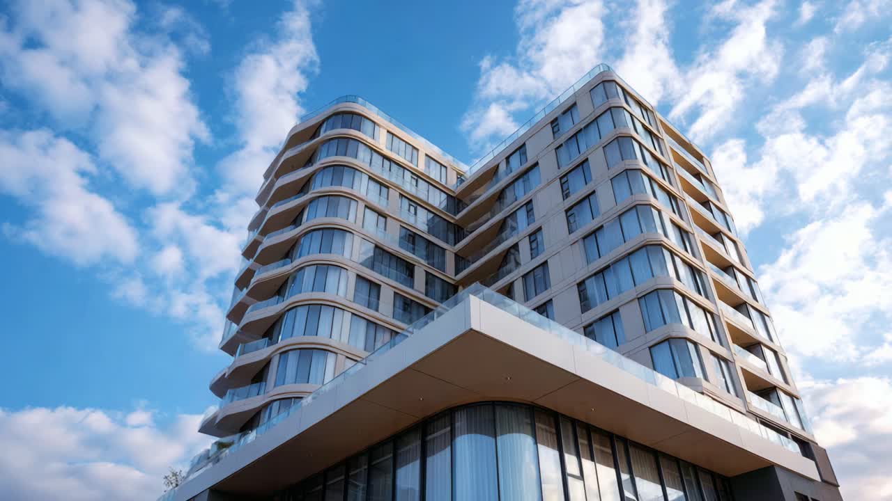 Contemporary Architectural Marvel Showcasing Sleek Curves and Expansive Glass Facades Under a Bright Sky, Highlighting Modern Urban Living Aesthetics
