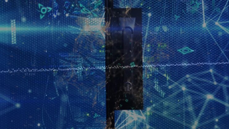 Animation of red qr code and glowing network over computer server