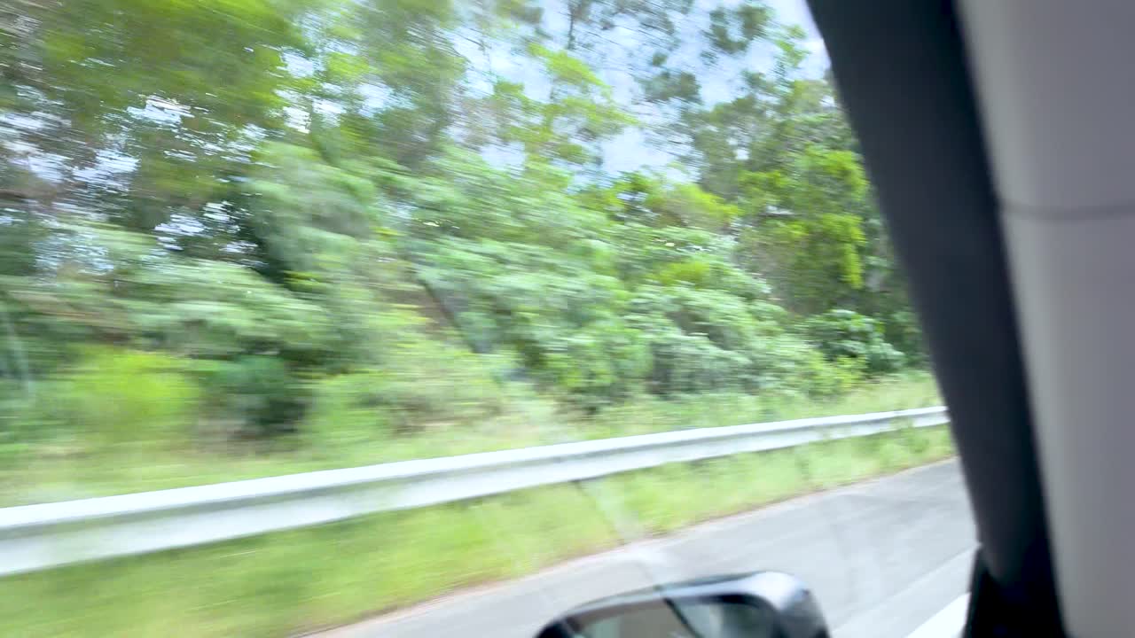 View from inside a moving car on a highway, passing green fields, dense trees, and open skies under soft daylight with smooth camera motion