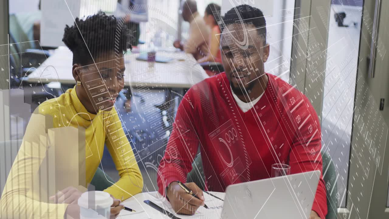 Coworkers studying chart and pointing to laptop activating animated business data visualization