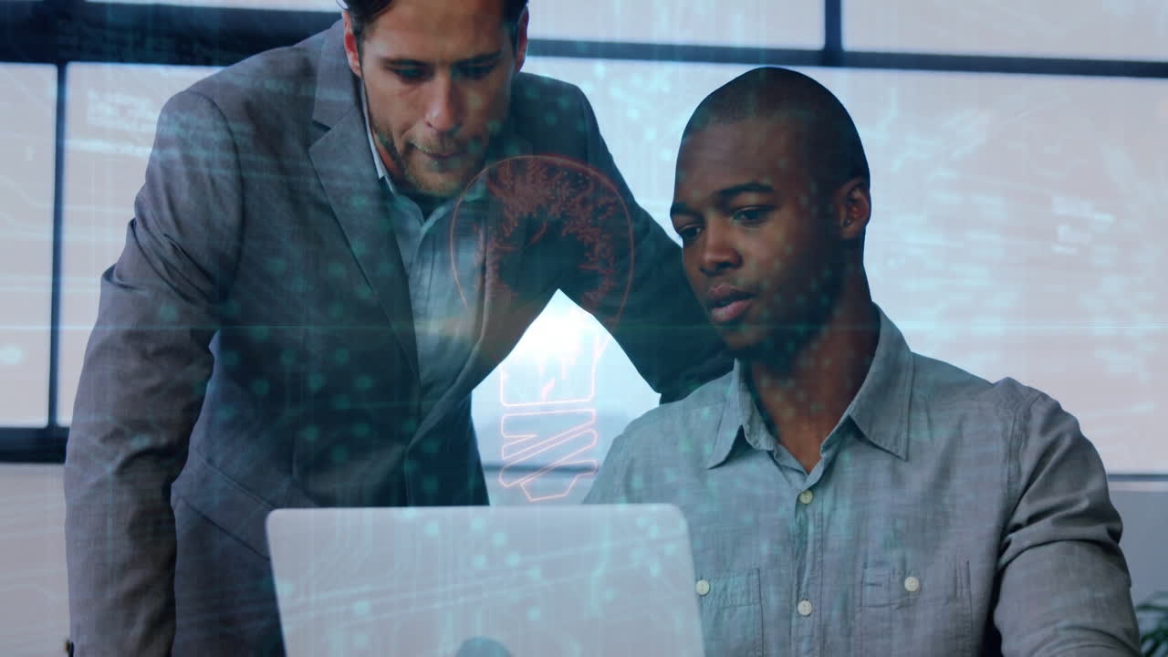 Business data analysis animation over two men working on laptop in office