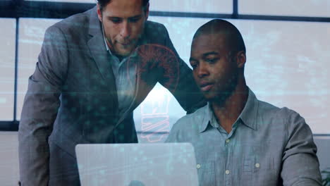 animación de análisis de datos de negocios sobre dos hombres trabajando en una computadora portátil en la oficina