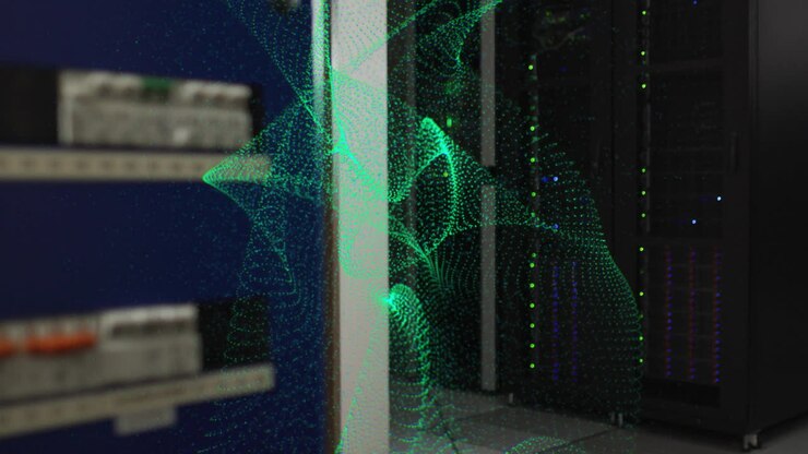 Animation of green network wave moving over computer servers