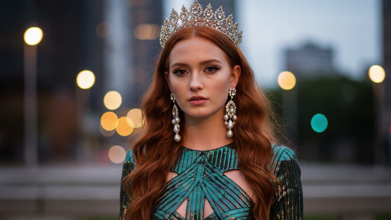 A Stunning Portrait of a Young Woman in a Sparkling Crown and Exquisite Attire, Illuminated by City Lights during Twilight, Showcasing Elegance and Beauty