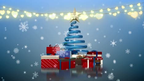 Animation-of-christmas-tree,-presents,-lights-and-falling-snow-on-blue-background