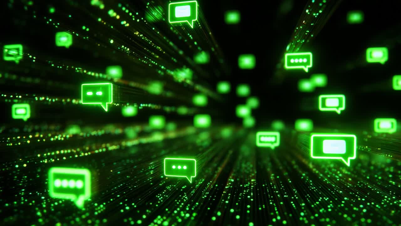A mesmerizing visual representation of digital communication, showcasing a dynamic flow of glowing green speech bubbles traveling through a vast digital landscape, signifying the essence of online interactions