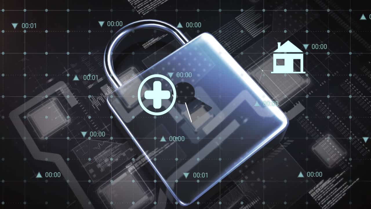 animación de iconos digitales y procesamiento de datos sobre el icono del candado de seguridad contra un fondo gris.