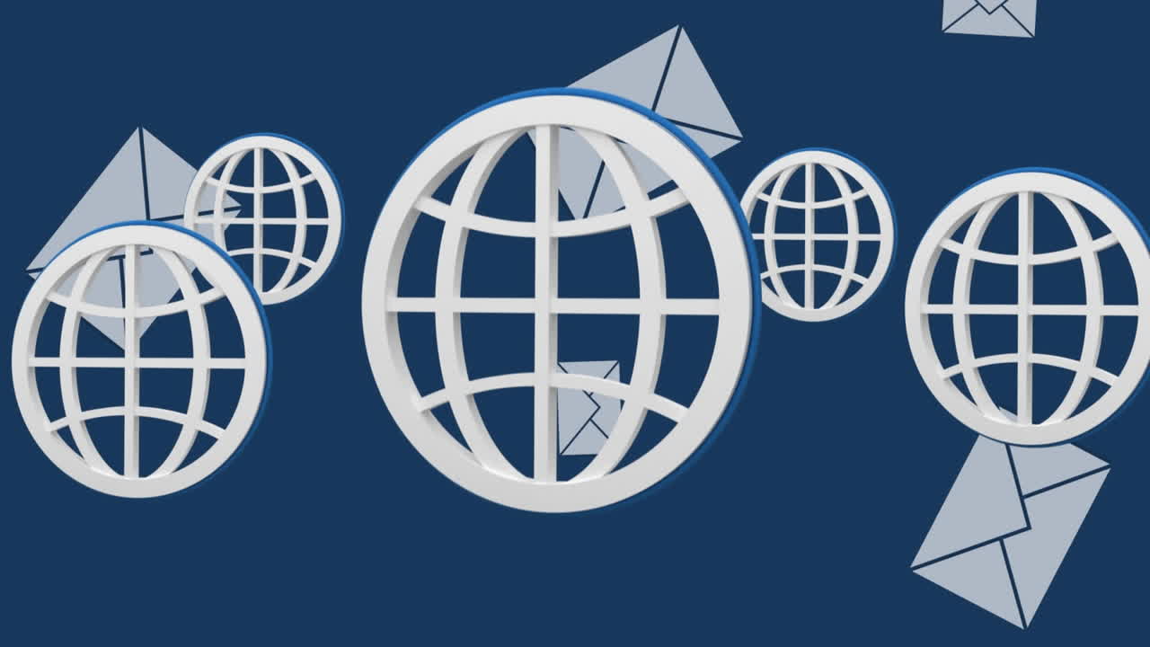 Animation of globe symbols and email envelope icons falling, on blue