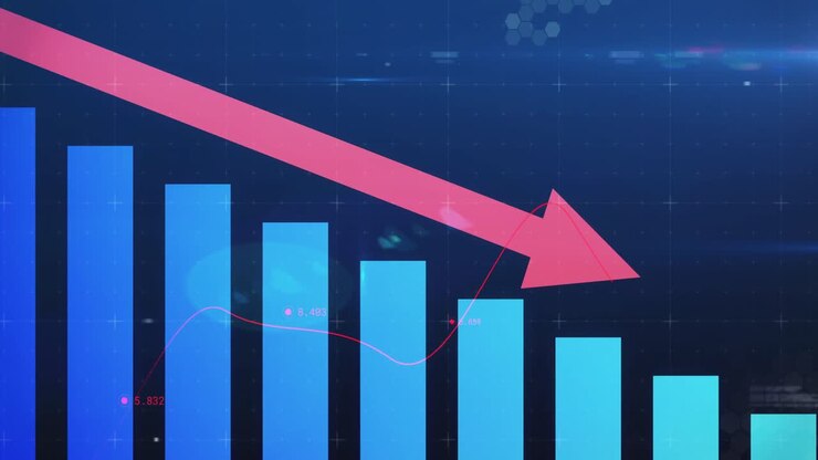 Animation of financial data processing with arrow pointing down and statistics