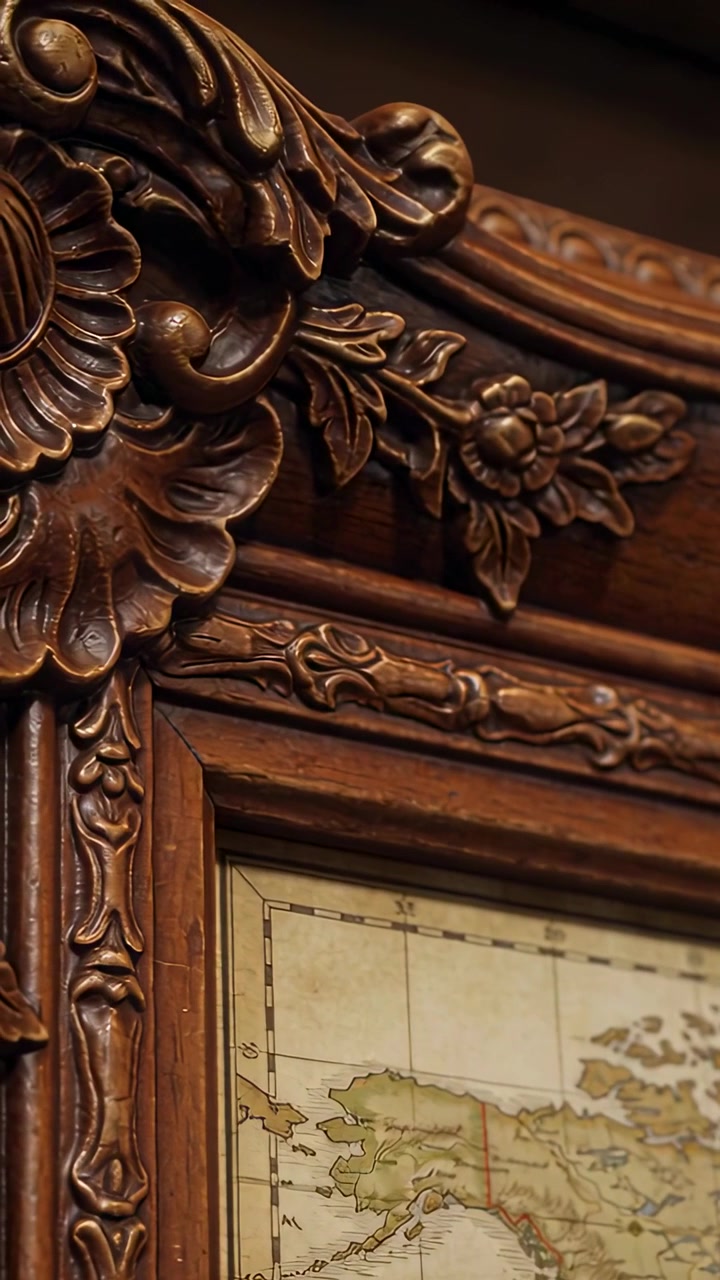 Video verticale: La telecamera si avvia rivelando una cornice di legno intagliata sulla parete dello studio, che mostra una mappa incorniciata.