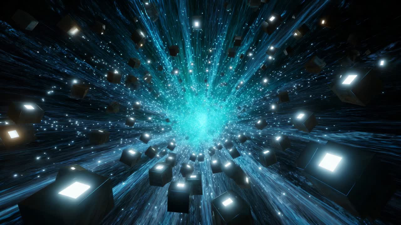 An immersive journey through a captivating void of swirling energy and shimmering particles that converge towards a luminous core, depicting a mesmerizing digital illusion of depth and infinite space