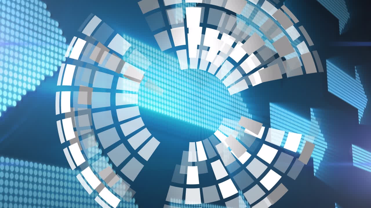 파란색 배경에 여러 번 반이는 화살표 아이콘 위에 회전하는 지구의 애니메이션