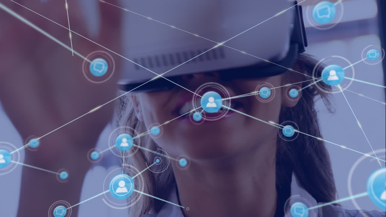 animación de la red de conexiones con la mujer en el fondo