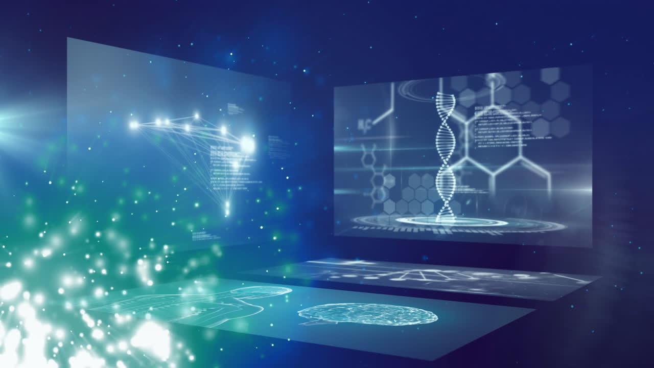animación del procesamiento de datos científicos sobre un fondo oscuro