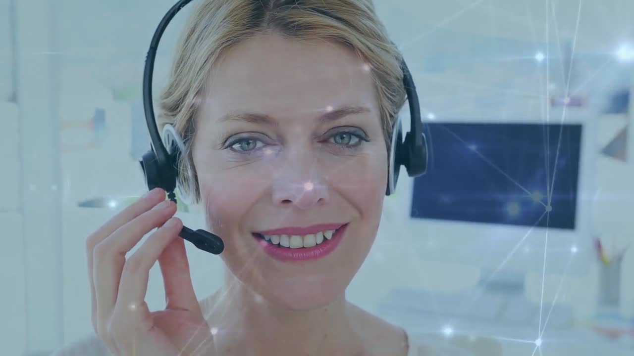 Animation of network of connections over caucasian businesswoman using phone headset