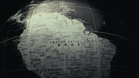 close-up view of a world map focusing on south america.